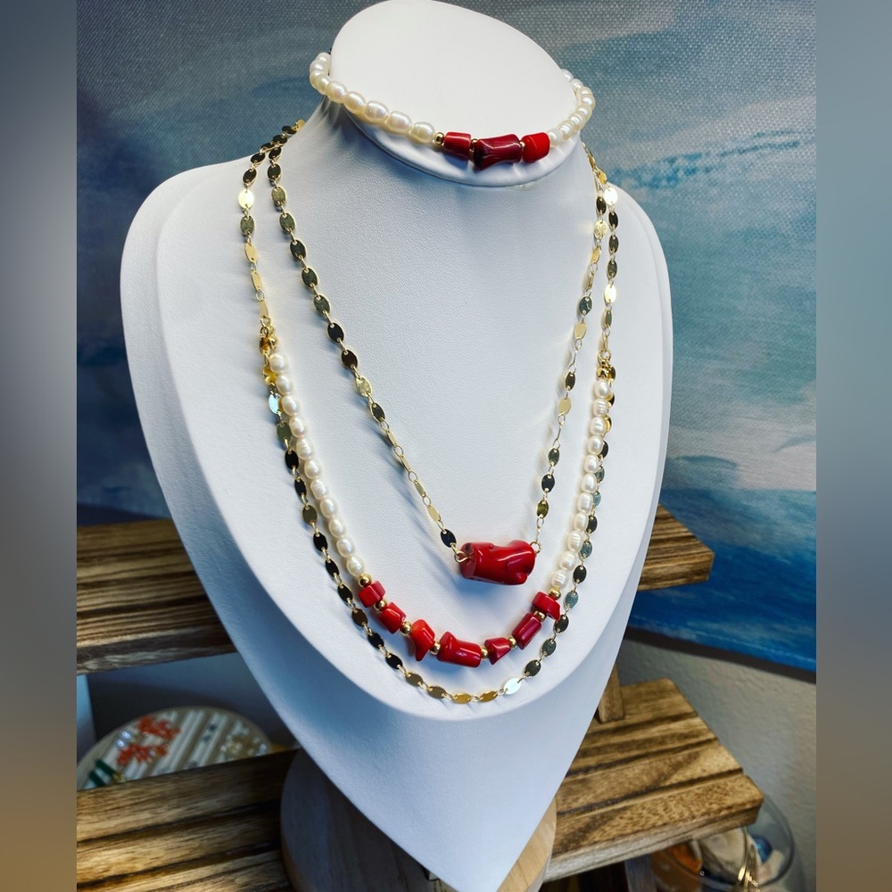 Ultimate Goddess Set - 3 Piece Freshwater Pearls and Red Coral Gold Necklaces